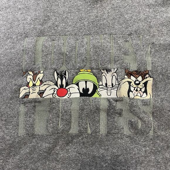 Looney Tunes Vintage 90s Warner Brothers Embroidered Fleece Hoodie Grey L/XL - Picture 2 of 12
